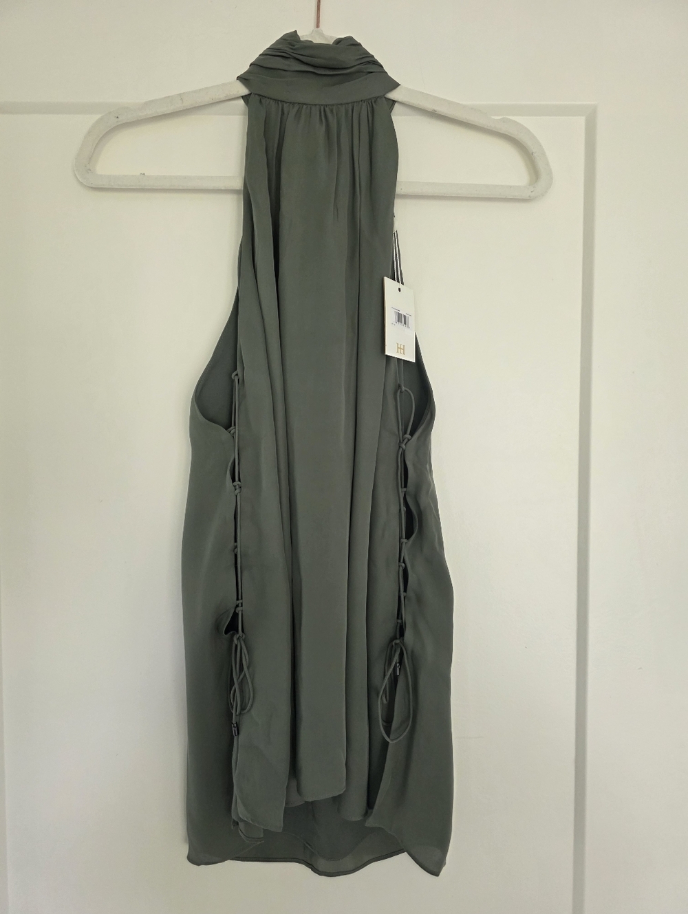 BNWT Haute Hipie Silk size Small Grass Green High Neck Top Lace Up Sides